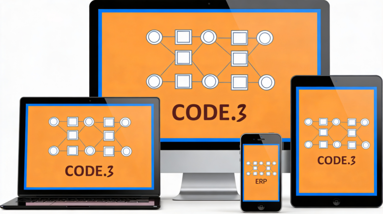 Modernes ERP‑Dashboard zur digitalen Auftragsabwicklung mit Bestandsübersicht und Auftragsstatus – CODE.3 ERP