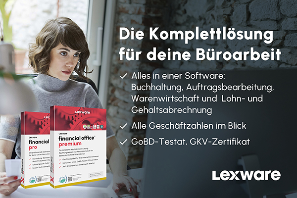 Produktbox von Lexware Financial Office – integrierte Lösung für Buchhaltung, Lohn und Warenwirtschaft.