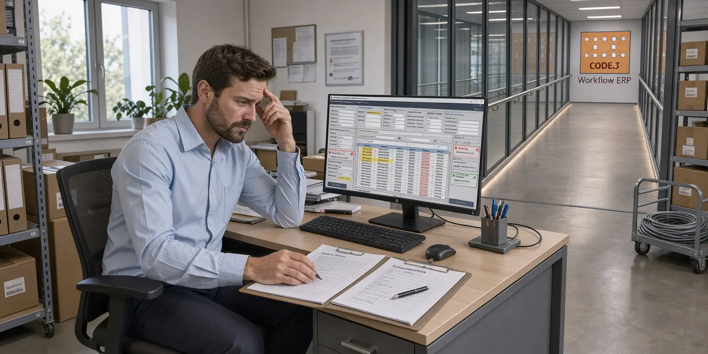 CODE.3 ERP Software-Dashboard zur Ablösung der Lexware Warenwirtschaft mit automatischer Schnittstelle zur Lexware Finanzbuchhaltung code3-erp-lexware-warenwirtschaft-ersatz CODE.3 ERP übernimmt die operative Warenwirtschaft und Fertigung – Ihre Lexware Finanzbuchhaltung bleibt nahtlos eingebunden. Visualisierung der ERP-Software CODE.3 von ibeq im operativen Einsatz für Produktion und Lagerhaltung, kombiniert mit der automatisierten Datenübergabe an die bestehende Lexware Financial Office Buchhaltung.